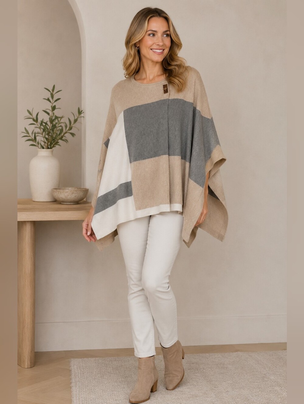 Calvin Klein Colorblock Poncho - Beige Gray White